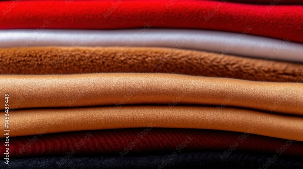 Poster a range of vibrant fabrics displayed in a stack, highlighting textures like smooth cotton and fluffy