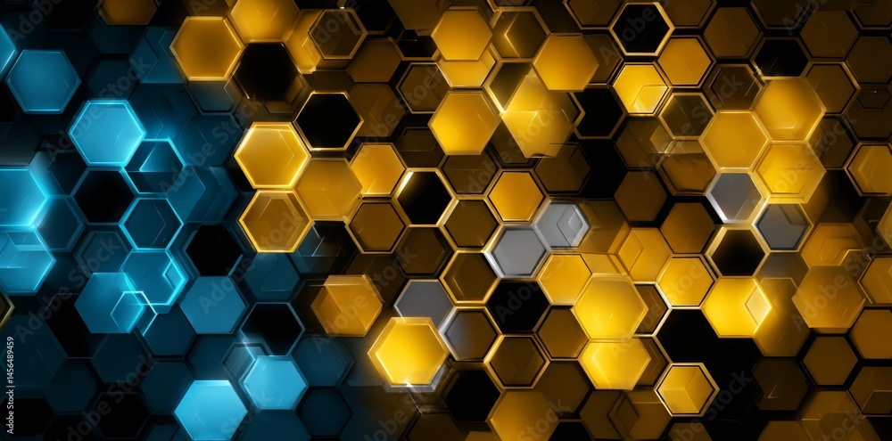 Poster an abstract design of hexagons with glowing lights has been created using generative ai technology