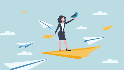 Businesswoman soaring on paper plane bird in hand amidst others pastel sky clouds minimalist style