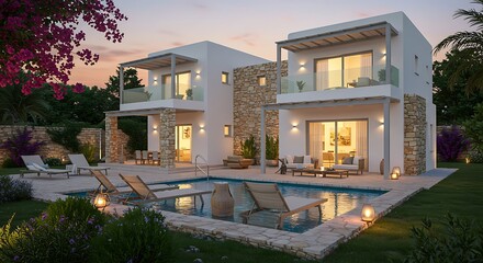 Luxury villa with pool and outdoor living at sunset