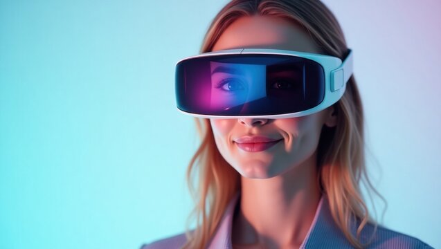 Visor Glasses. VR jobs AR FPV Drone Simulator Immersive technology Phygital Lumen5 Varjo PolyAI Lalaland ai Virtual Reality Vision. Female woman model isolated background. wears with bold, futuristic