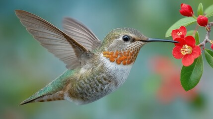 Naklejka premium Hummingbird Feeding on Red Flowers in Flight