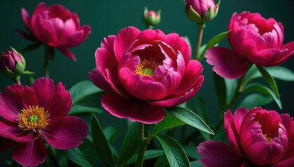 Obraz premium Bold peony blooms, rich jewel tones, lush greenery, leaf, green, bloom