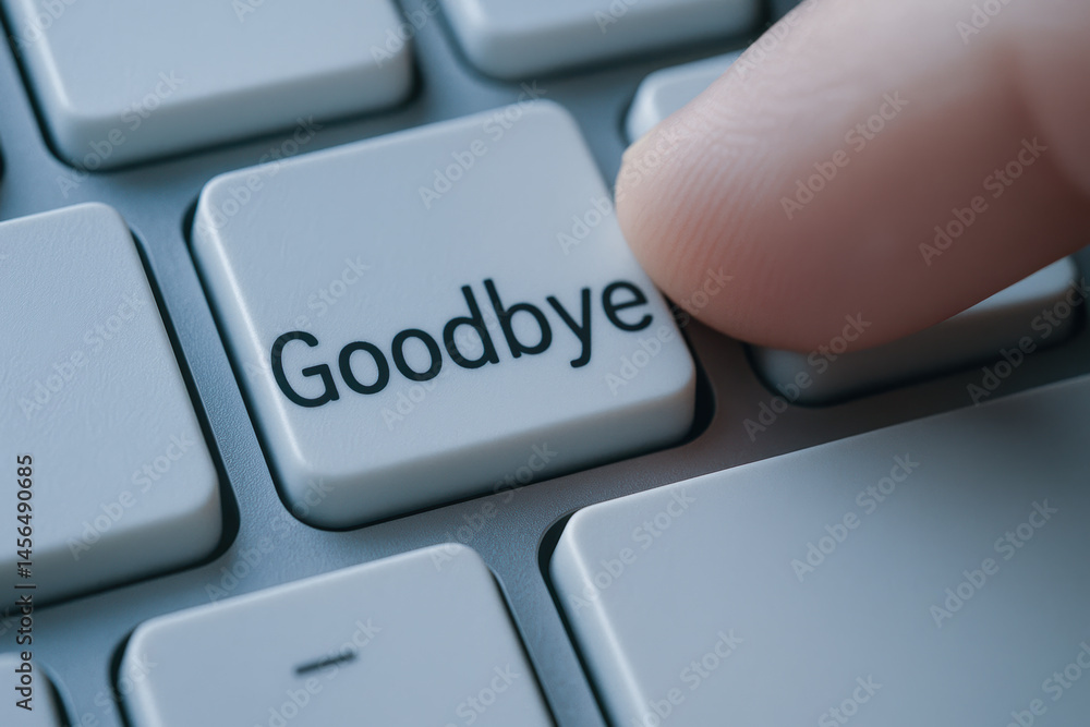 Aufkleber goodbye key on keyboard pressed by finger concept of termination and end of communication or session