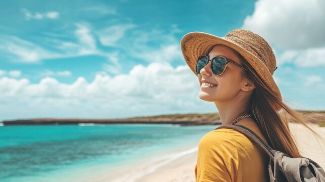 Radiant tourist savoring the coastal serenity under the serene summer sky