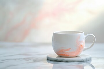 Fototapeta premium Elegant, white coffee cup with peach-toned design on marble surface.