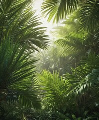 Fototapeta premium Vibrant green palm fronds, sunlight dappled, rich textures , tropical, photography, illustration