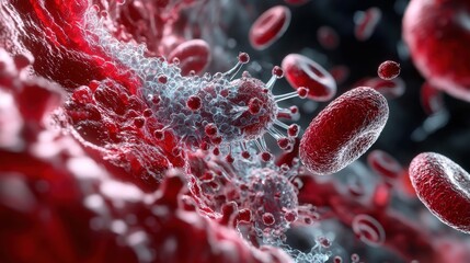 A close up of red blood cells with a virus in the middle