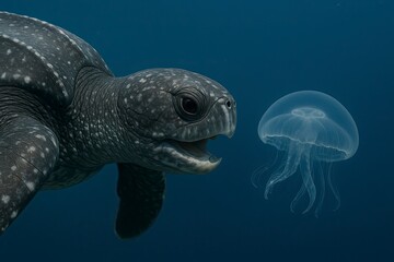 Fototapeta premium Turtles swim close to jellyfish to eat jellyfish