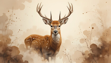 Elegant Spotted Deer with Antlers Standing in Abstract Watercolor Landscape
