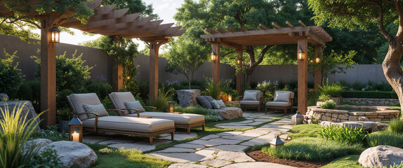 Luxurious outdoor garden retreat with pergolas loungers and tranquil stone pathways