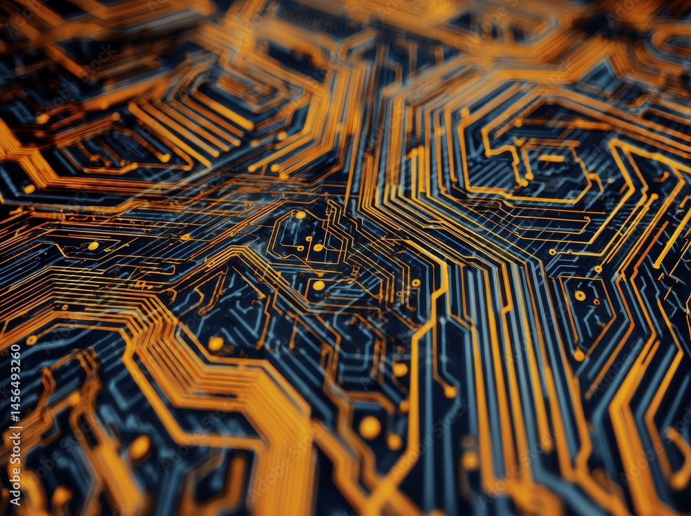 Poster a 3d illustration shows a circuit board where futuristic server code is being processed, placed on a