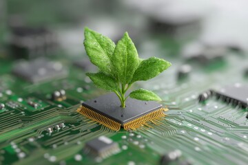 A circuit board with a green plant growing out of it, representing the fusion of technology and nature
