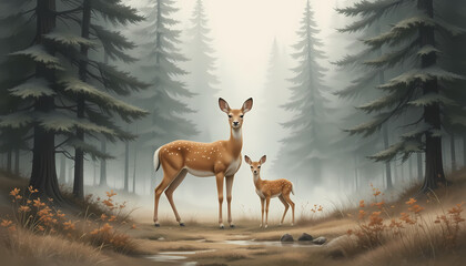 Doe and Fawn in Forest Serene Wildlife Encounter in Misty Woods