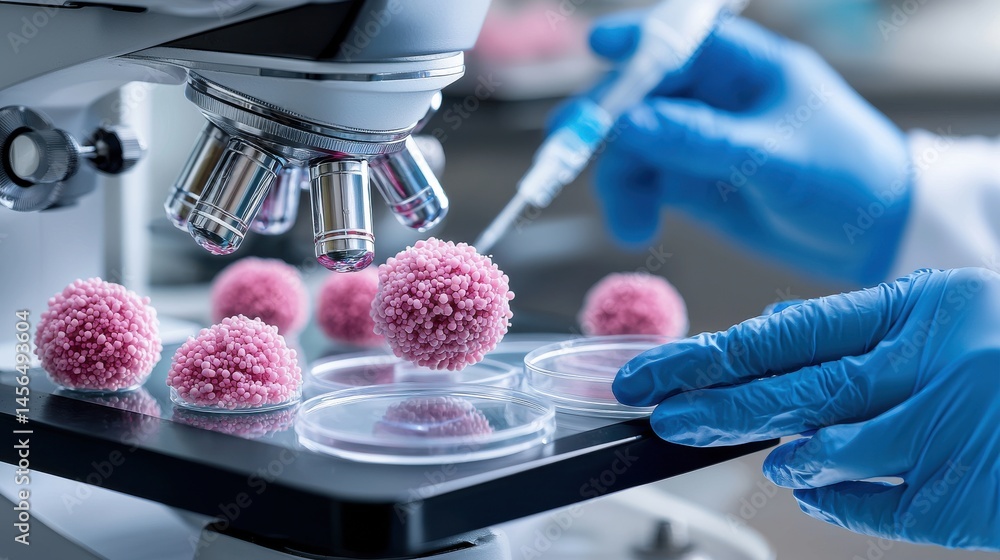 Poster a scientist is working with pink balls in a lab