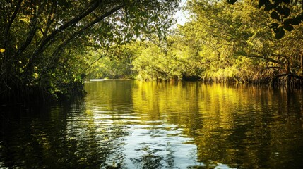 Fototapeta premium Tranquil waterway meanders through a sun-dappled canopy of lush vegetation