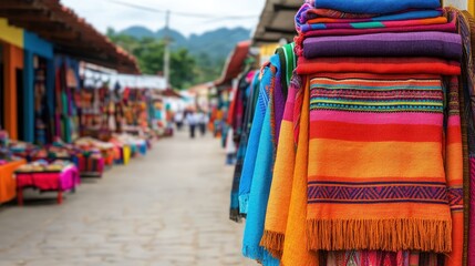 Colorful woven textiles displayed at an outdoor market with vibrant stalls and blurred shoppers in the background.