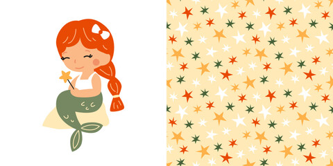 Set of funny vector illustration with cute little mermaid with red hair and a magic wand, and a seamless vector pattern with colorful stars. Ideal for children's textile collection