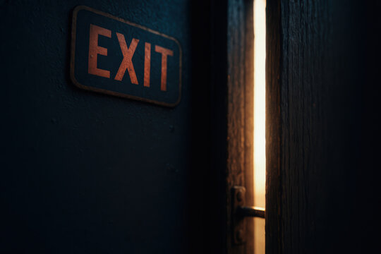 Dimly lit exit door slightly open with warm light shining through, symbolizing concept of termination and new beginnings in mysterious setting