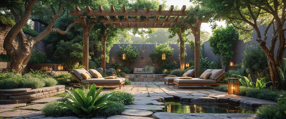 Luxurious outdoor relaxation space with pergola lounge chairs lush green garden design