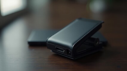 Wallet tracker. Black modern wallet on table blurred background close