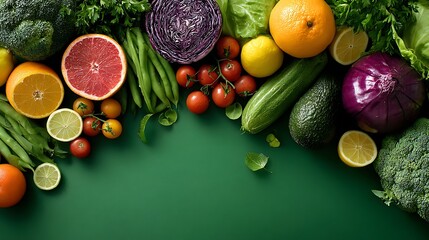 Vibrant mix of fresh fruits and vegetables display