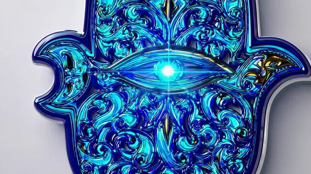 Ornate Hamsa hand gradually transitioning from deep blue to shimmering gold, symbolizing spiritual transformation against pristine white background