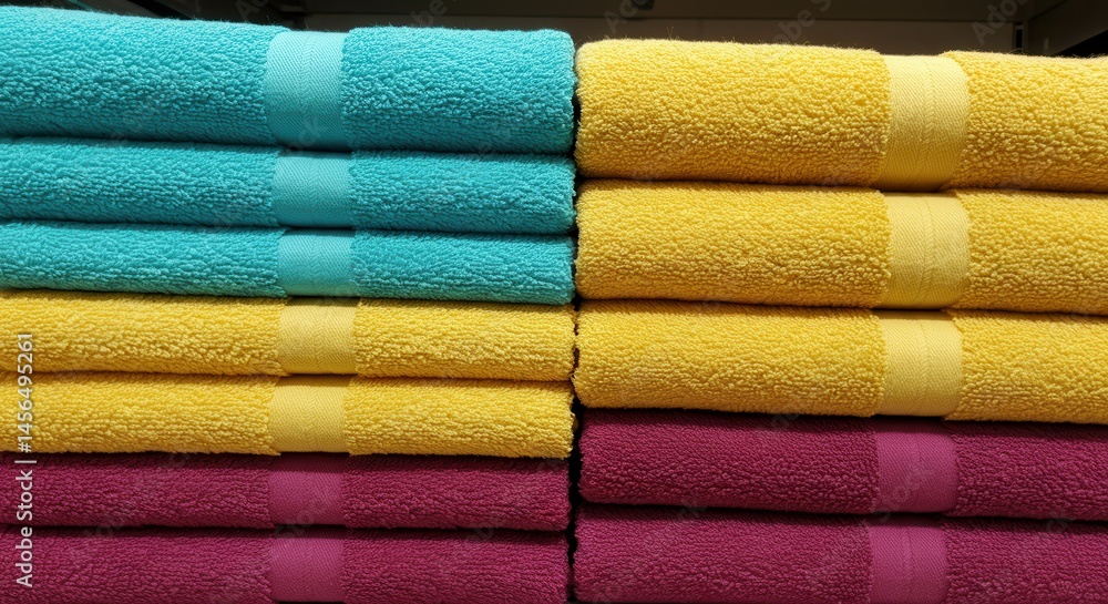 Poster a stack of folded colorful towels in shades of blue yellow and magenta neatly arranged on display sh