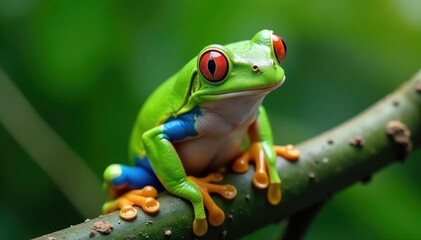 Obraz premium Green tree frog perched on white, vibrant skin, studio, green frog