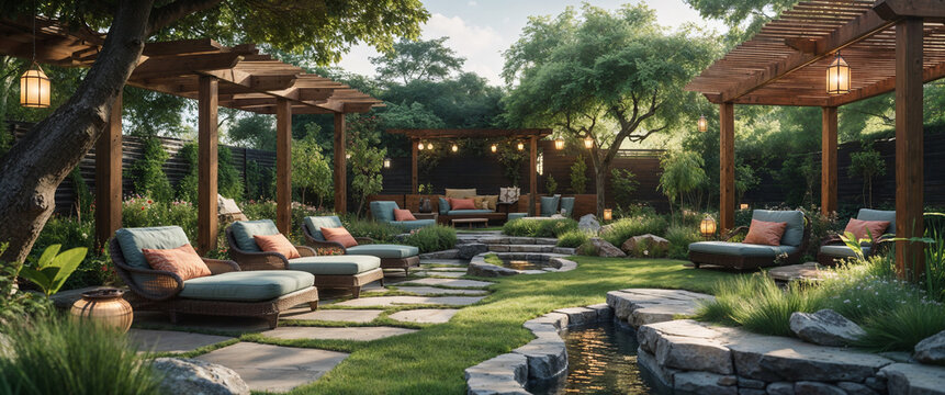 Luxury outdoor garden oasis with comfortable seating areas and decorative lighting design.