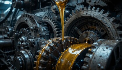 Machinery oil flowing from precision gears industrial setting close-up shot mechanical environment dynamic perspective engineering concept for optimal performance