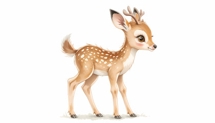 Naklejka premium Adorable Cartoon Fawn with Big Eyes and Small Antlers on White Background
