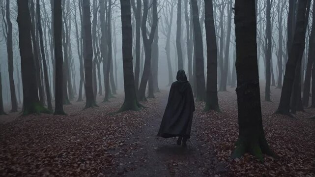 Cloaked figure walks dim track through fog traveler woods, fog traveler trees blur into shadows, fog traveler fuels curious suspense. Concept of mystery tension.