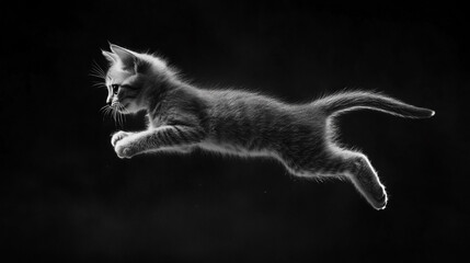 Obraz premium A Kitten in Mid-Air Graceful Leap Black and White Photography