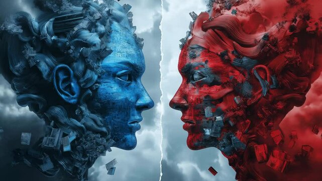 Two human faces in contrasting blue and red emerge from a surreal background, symbolizing duality and conflict in a striking visual display