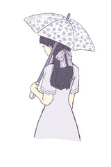 This illustration shows a woman with long hair holding a parasol