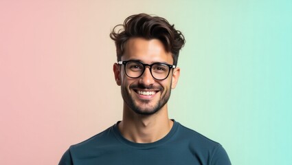 Webp. Man in contemplation. Male man model isolated background. Solitary figure with glasses, worn in deep expression of introspection on plain blue background.