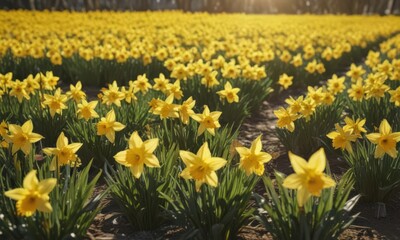 Fototapeta premium Sunlit daffodil field, vibrant yellow petals gleaming , petals, detail, blossom