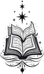 Holy Quran icons, black vector illustration, isolated on white, showing a stylized representation of the Quran with a crescent moon and star above it, symbolizing Islamic faith, set against a stark.