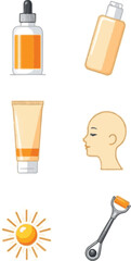 Vector icons of skincare ingredients and tools, with line editing capabilities and a white background. Icons include vitamin C serum, hyaluronic acid, retinol, SPF, and a derma roller.