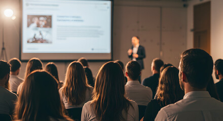 Obraz premium Attendees Listening to Speaker During Conference Presentation with Warm Lighting and Projector Display in Background