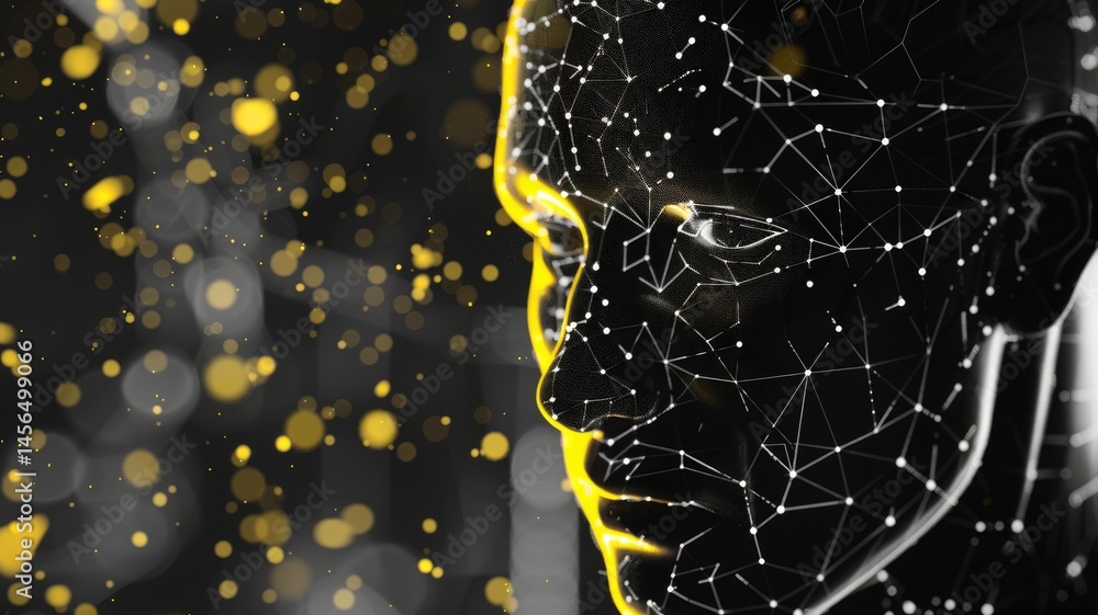 Poster explore an abstract visualization representing artificial intelligence concepts, featuring interconn