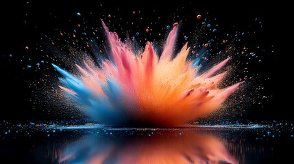 A vibrant explosion of colored powder bursts in midair, creating a stunning visual spectacle of hues and textures, celebrating joy and festivity.