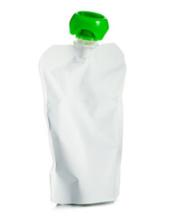 White baby fruit puree in squeeze pouch on white background isolation