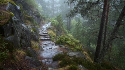 Fototapeta premium Forest path with steps winds through lush green vegetation on a rainy day.