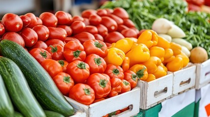 Fresh vegetables including tomatoes, cucumbers, bell peppers, and beans displayed at a vibrant outdoor market stall.