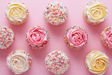 Pretty pink and yellow rose cupcakes with sprinkles on pink background