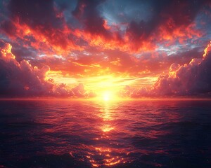 Dramatic sunset over a calm ocean horizon