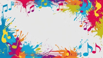 Colorful Musical Notes Flowing On Solid White Background With Vibrant Paint Splashes, Creating An Abstract Grunge Design. Ideal For Creative Projects, Artistic Backgrounds, And Music-Themed Visuals.	

