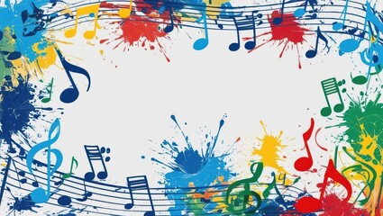 Colorful Musical Notes Flowing On Solid White Background With Vibrant Paint Splashes, Creating An Abstract Grunge Design. Ideal For Creative Projects, Artistic Backgrounds, And Music-Themed Visuals.	
